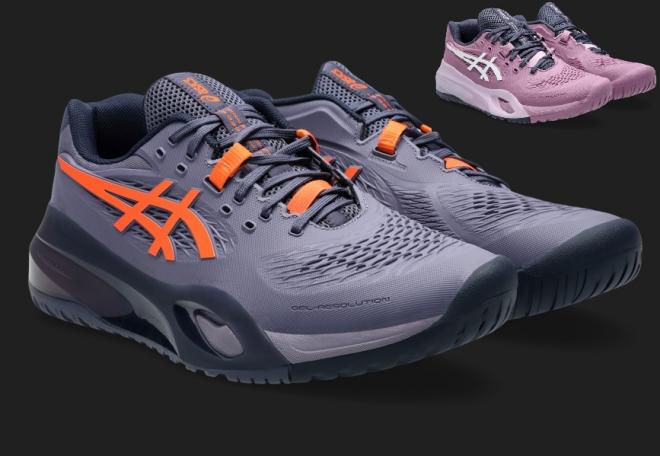 Ci-dessus, la 10ème version des chaussures de Tennis ASICS GEL-RESOLUTION X avec le modèle H en gros plan et le modèle F, en haut à droite - © ASICS -Albin Durand