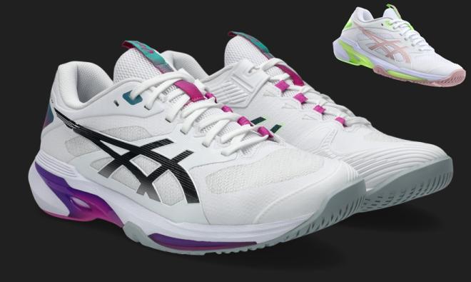 Les nouvelles chaussures de Tennis ASICS SOLUTION SPEED FF4, ici à l'image (Hommes en gros, Femmes en haut à droite), sont disponibles à la vente à compter du jeudi 15 janvier - © ASICS