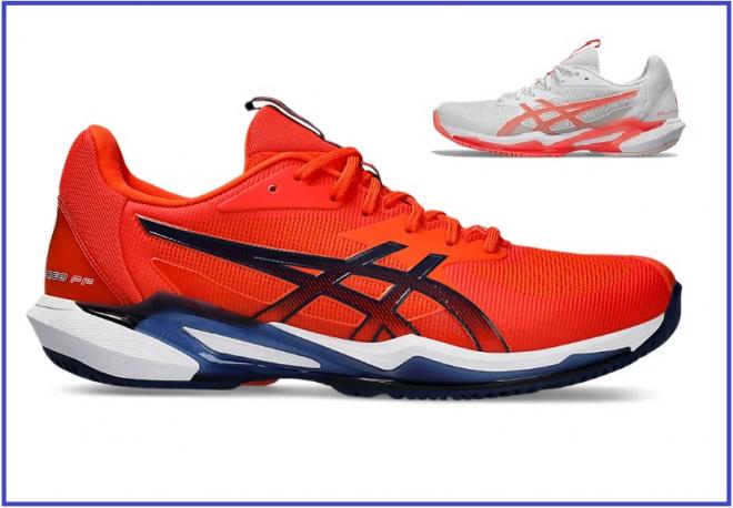 La nouvelle chaussure de Tennis ASICS Solution Speed FF3 ci-dessus. Modèle Hommes (rouge & bleu, gros plan) et modèle Femmes (blanc & corail, en haut) - © ASICS