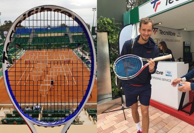Tecnifibre est le cordeur officiel à Monte-Carlo. A droite à l'image, Daniil Medvedev qui joue avec la raquette Tecnifibre XTC - © Tecnifibre - R. Glicenstein