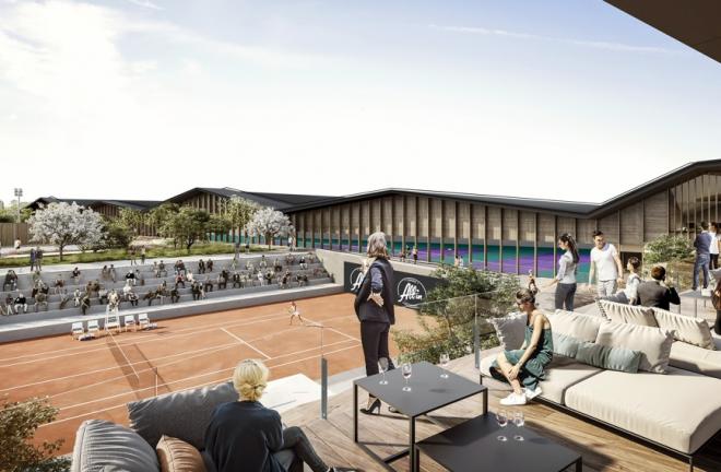 La magnifique terrasse panoramique du All In Country Club de Lyon, donnant sur le court central d'une capacité de 1000 places - © AFAA - Youse- Playtime